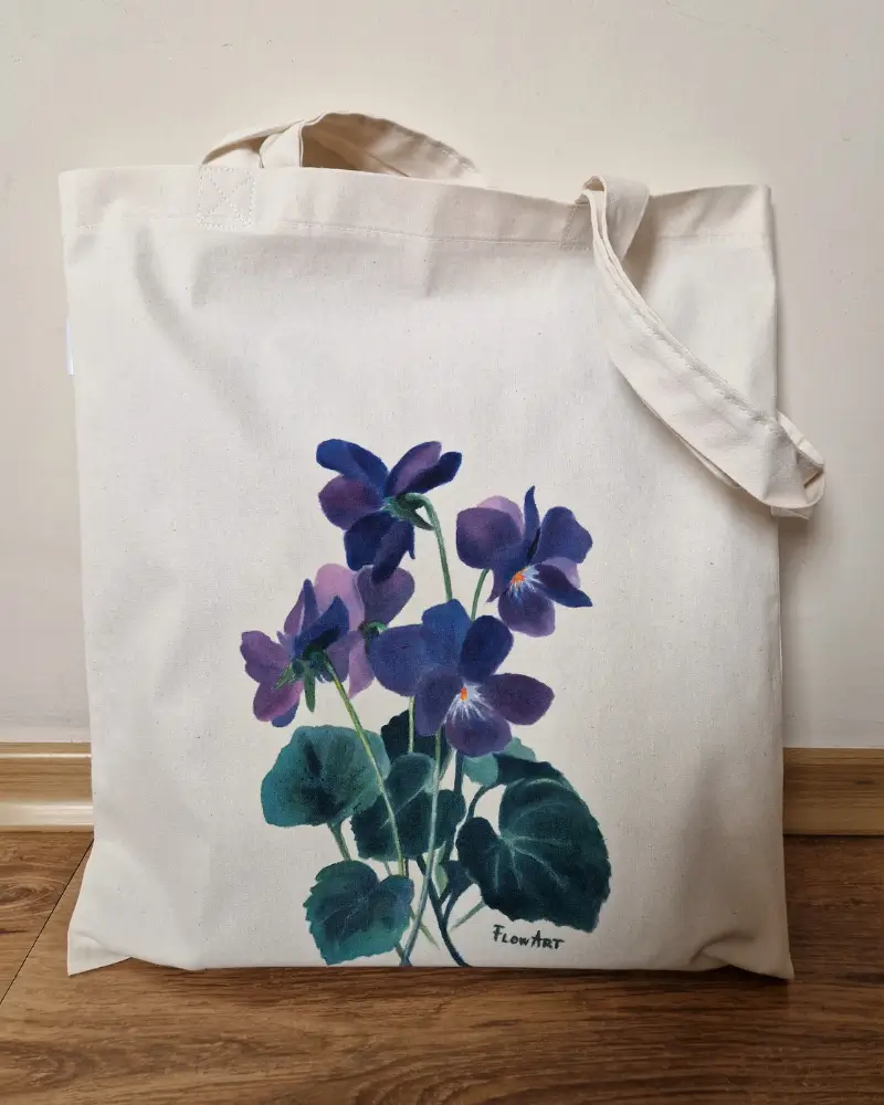 ARTĂ DE PURTAT - Sacoșă pictată manual Viorele – Flow Art