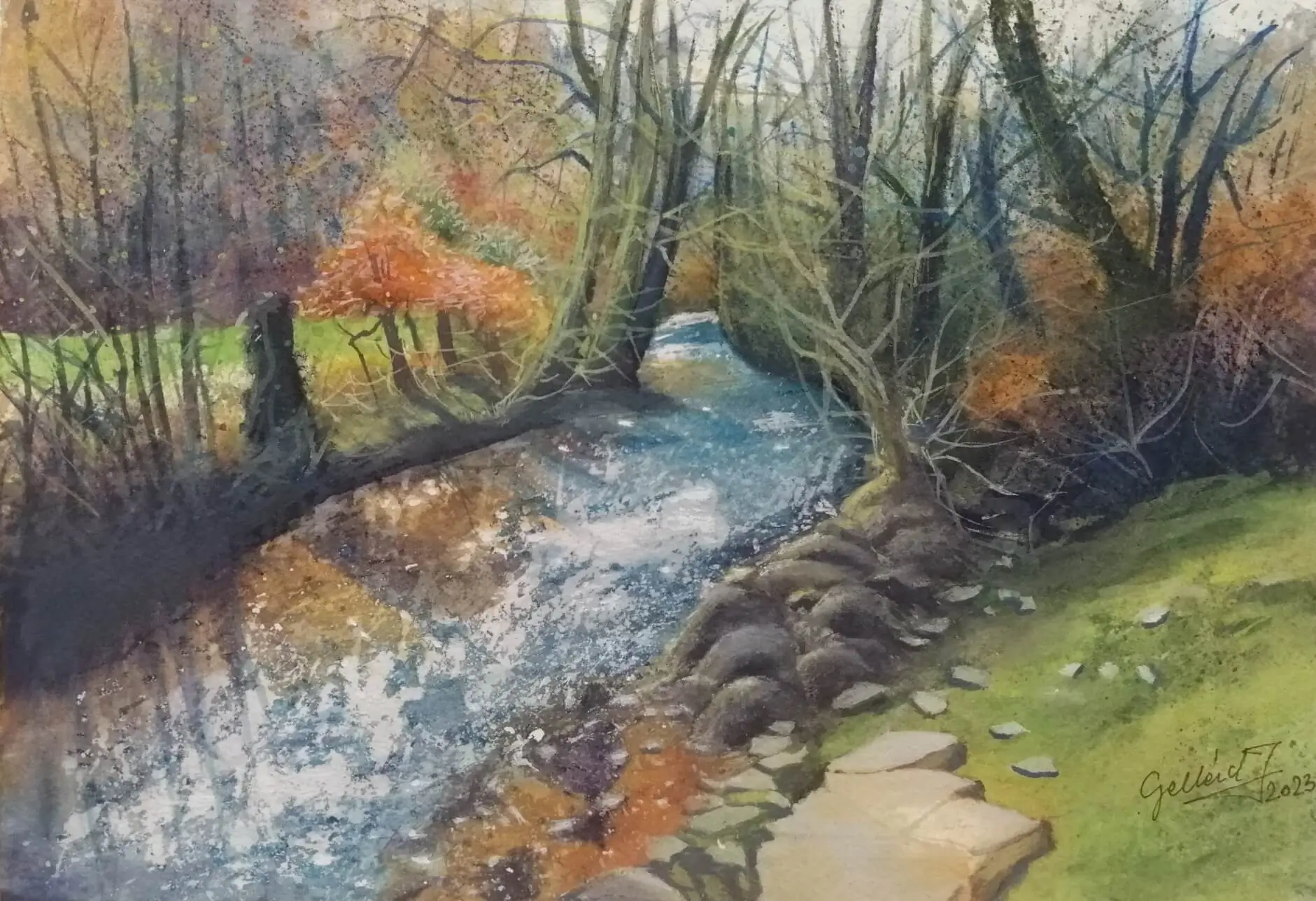 Toamna pe râu - Pictură în acuarelă [1]