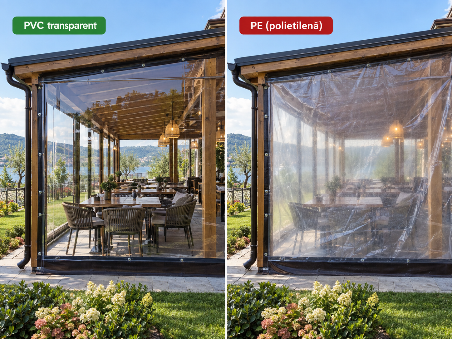Închidere de foișor cu folie transparentă flexibilă, văzută din exterior