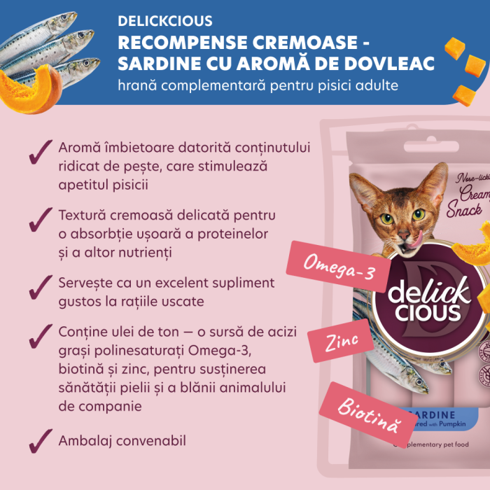 DELICKCIOUS, Recompense cremoase cu sardine si dovleac pentru pisici, 2x60g [3]