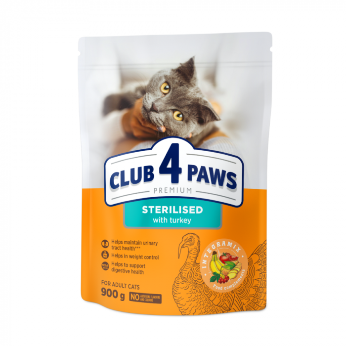 Club 4 Paws, Hrana uscata pisici sterilizate, curcan, 900g