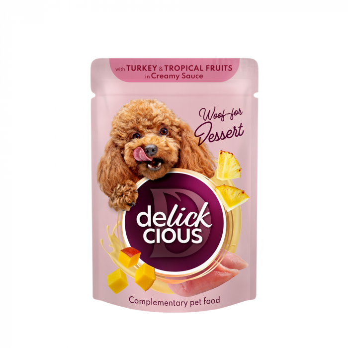 Delickcious, bucati de carne de curcan si fructe tropicale in sos cremos, pentru caini, 80g