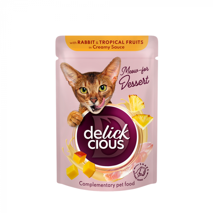 Delickcious, bucati de carne de iepure si fructe tropicale in sos cremos, 80g