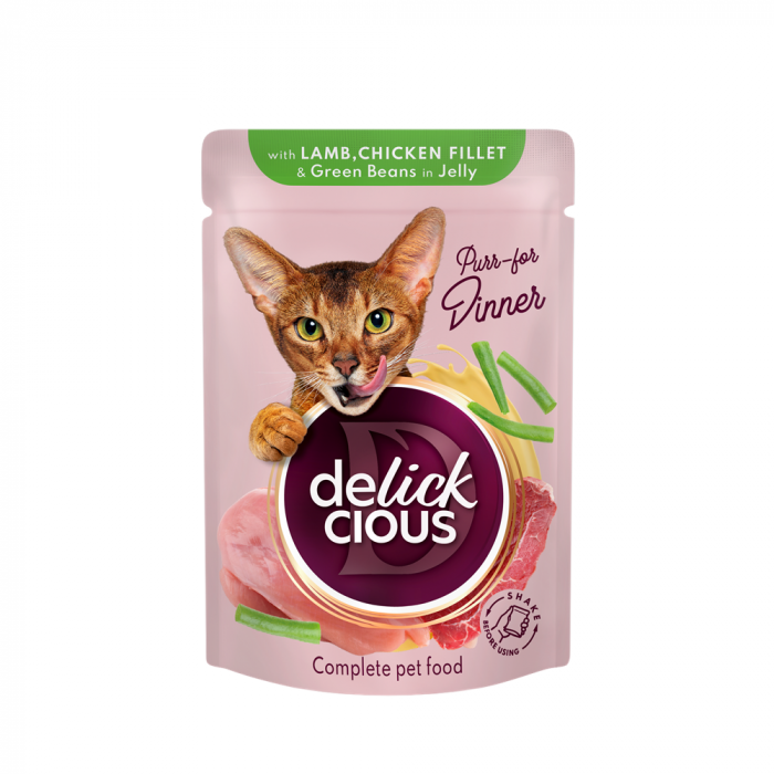 Delickcious, bucati de carne de miel, file de pui si fasole verde in jeleu, pentru pisici, 85g
