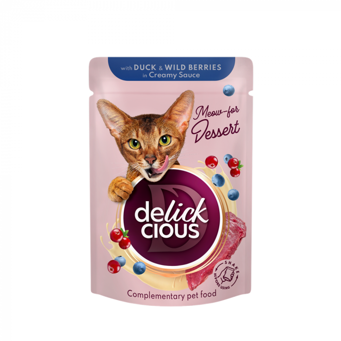 Delickcious, bucati de carne de rata si fructe de padure in sos cremos, pentru pisici, 80g