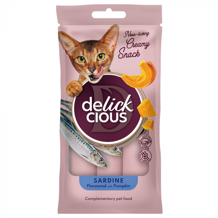 Delickcious, recompense cremoase cu sardine si dovleac pentru pisici, 60g