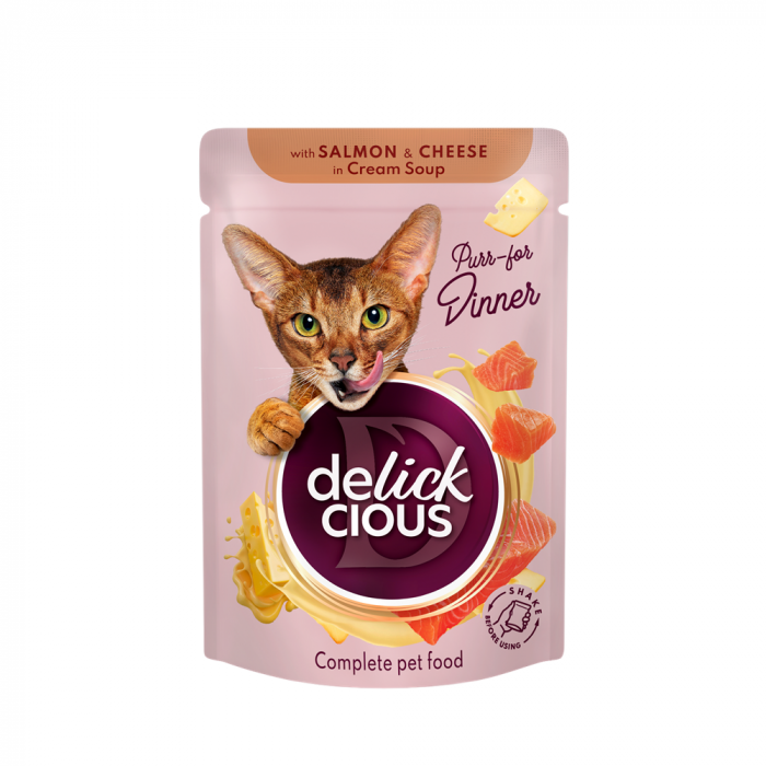 Delickcious, stripsuri cu somon si cascaval in supa crema, pentru pisici, 85g