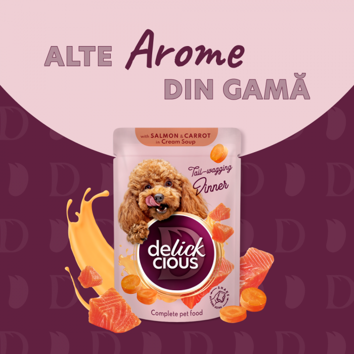 DELICKCIOUS, Stripsuri de curcan si cascaval in supa cremoasa, pentru caini, 85g [6]