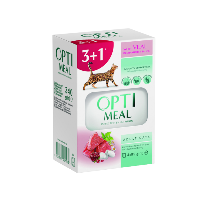 Optimeal, Hrana umeda pisici adulte, cu Vita in sos de merisoare, set 3+1, 4x85g