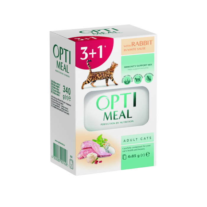 Optimeal, Hrana umeda, pisici adulte, Iepure in sos alb, set 3+1, 4x85g