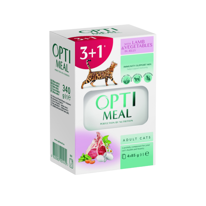 Optimeal, Hrana umeda, pisici adulte, Miel si legume in jeleu, set 3+1, 4x85g