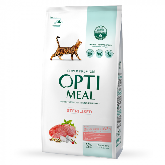 Optimeal Hrana Uscata Pentru Pisici Sterilizate – Vita Si Sorg, 1,5kg