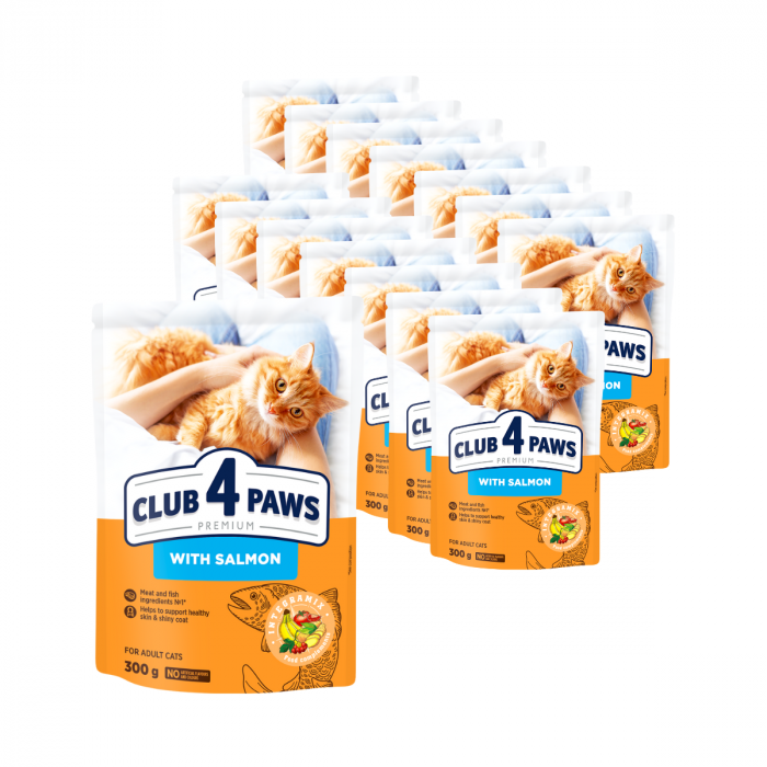 Pachet 15x300g, Club 4 Paws Premium, cu somon , Hrana uscata pisici adulte 4.5kg