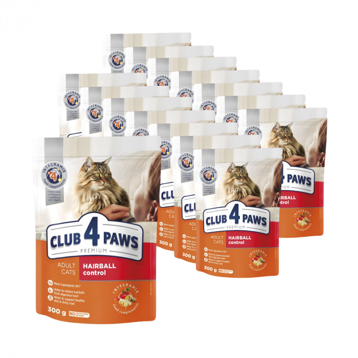 Pachet 15x300g, Club 4 Paws Premium, Hairball Control , Hrana uscata pentru pisici adulte 4.5kg