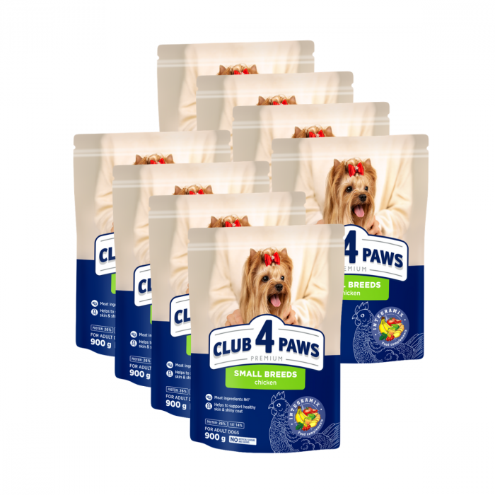 Pachet 8x900g, Club 4 Paws cu pui , Hrana uscata pentru caini de talie mica 7.2kg