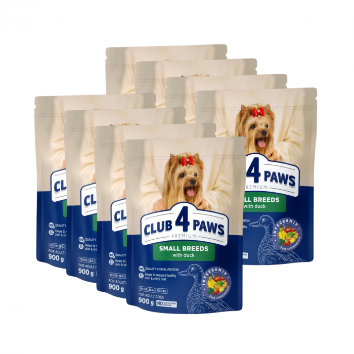 Pachet 8x900g, Club 4 Paws, cu rata , Hrana uscata caini de talie mica 7.2kg