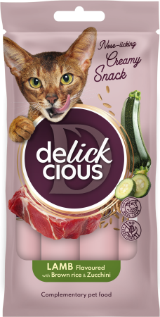 Recompense - DELICKCIOUS, Recompense cremoase pisici - Miel, Orez Brun și Dovlecel, 60g