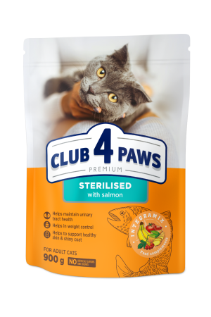 Produse pentru pisici - Club 4 Paws Premium, Hrana uscata pisici sterilizate, cu Somon, 900g