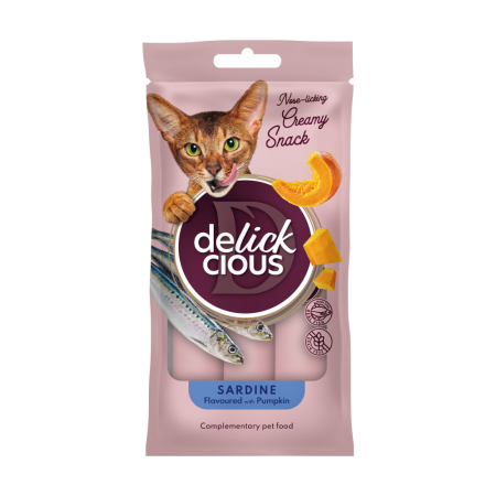 DELICKCIOUS, Recompense cremoase cu sardine si dovleac pentru pisici, 2x60g [1]