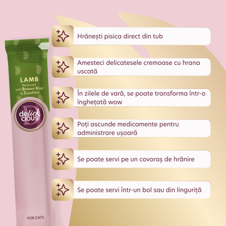 DELICKCIOUS, Recompense cremoase pisici - Miel, Orez Brun și Dovlecel, 60g [1]