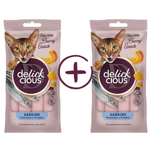 Recompense - DELICKCIOUS, Recompense cremoase cu sardine si dovleac pentru pisici, 2x60g