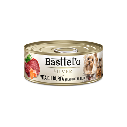 Hrana umeda - Bastteto Pate Caini - Vita cu burta si legume in jeleu, 85g