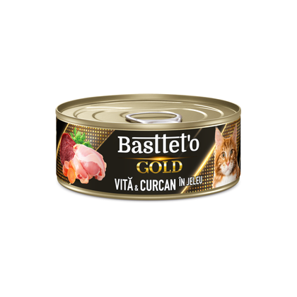 Hrana umeda - Bastteto Pate Pisici cu vita si curcan in jeleu 85g