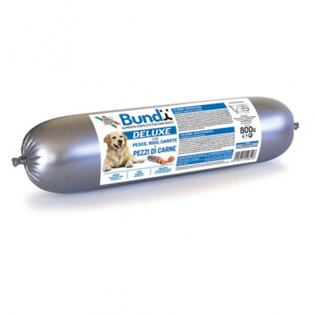 Hrana umeda - BUNDY Super Premium, salam pentru caini, cu peste, orez, morcov, 800g