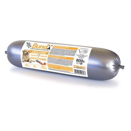 Hrana umeda - BUNDY Super Premium, salam pentru caini, cu pui, orez, morcov, 800g
