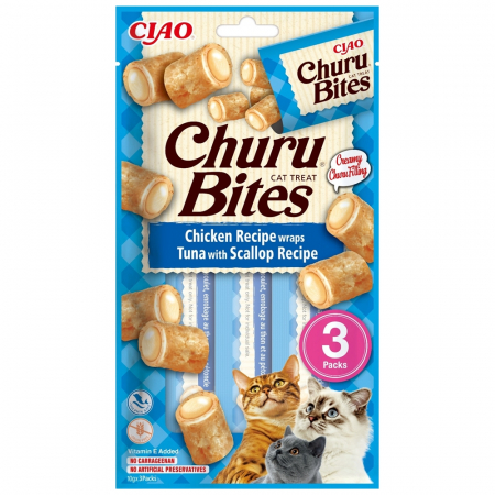 Recompense - Churu Bites, Recompense cremoase pentru pisici cu pui, ton si scoici