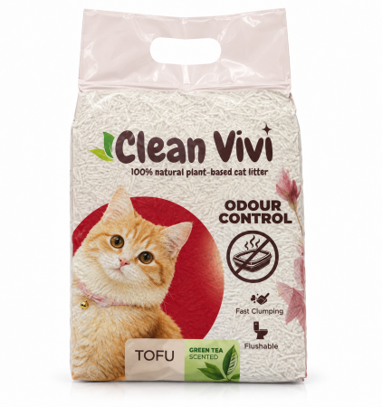 Produse pentru pisici - Clean Vivi Asternut igienic pentru pisici, Tofu - Ceai Verde, 5L/2.1kg