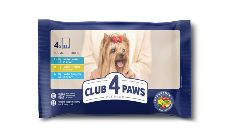 Produse pentru caini - Club 4 Paws, Hrana umeda pentru caini, Miel, Iepure si  Somon in sos,  set 4x85g