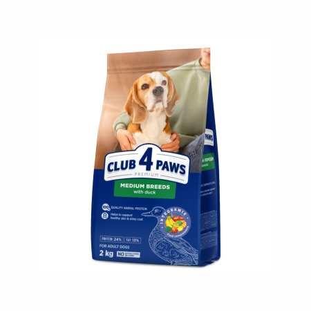 Club 4 Paws, Hrana uscata caini de talie medie, cu rata, 2kg