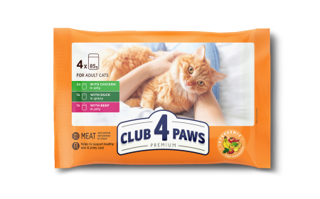 Produse pentru pisici - Club 4 Paws Premium Hrana umeda pisici - Pui, rata si vita, 4x85g