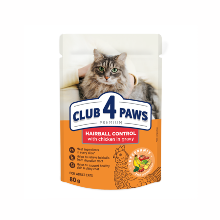 Hrana umeda - Club 4 Paws Premium, Hrana umeda pisici, Hairball Control, cu pui in sos, 24x80g