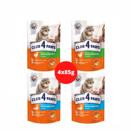 Hrana umeda - Set de 4 plicuri cu hrana umeda pentru picici, pui si somon, Club4Paws