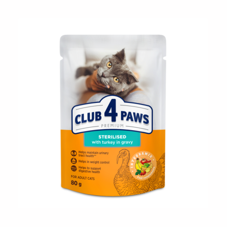 Produse pentru pisici - Club 4 Paws Premium, Hrana umeda, pisici sterilizate, curcan in sos, 24x85g
