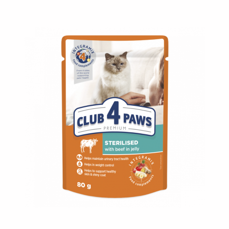 Produse pentru pisici - Club 4 Paws Premium, Hrana umeda pisici sterilizate, vita in jeleu, 24x80g