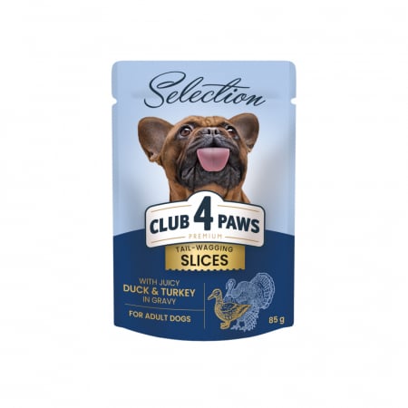 Club 4 Paws Premium Plus Selection Hrana pentru caini adulti de talie mica -Bucati de rata si curcan in sos,12x85g