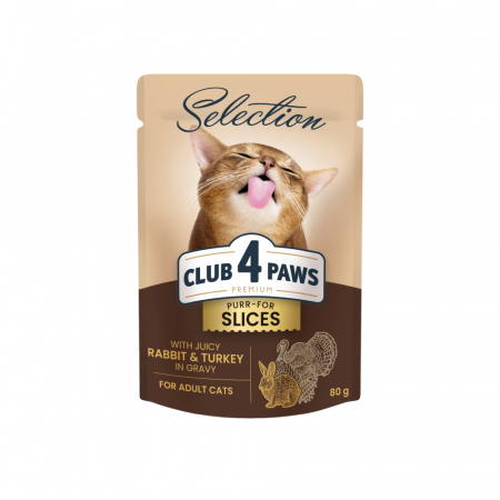 Hrana umeda - Club 4 Paws Premium Plus Selection Hrana umeda pentru pisici - Bucati de iepure si curcan in sos, 12x80g