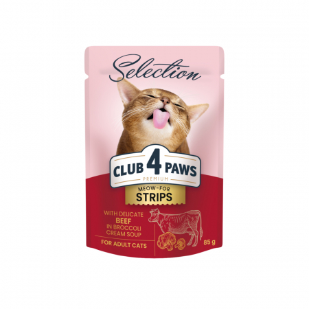 Hrana umeda - Club 4 Paws Premium Selection Hrana umeda pentru pisici - Stripsuri de vita in supa crema de broccoli, 12x85g