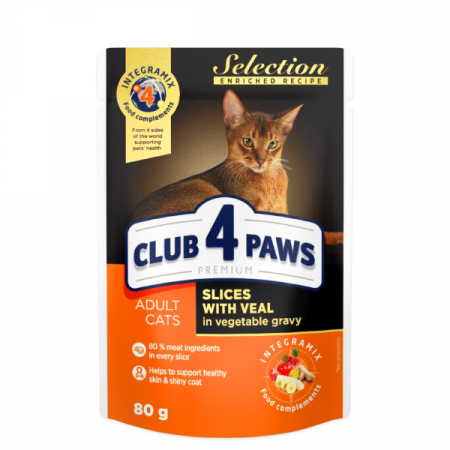 Produse pentru pisici - Club 4 Paws Selection Hrana umeda pisici - Bucati de carne de vitel in sos de legume, set 24*80g