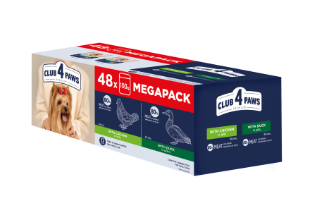 Produse pentru caini - Club 4 Paws, Set Hrana umeda caini, talie mica - Pui in jeleu si Rata in sos, 48x100g