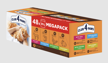 Hrana umeda - Club 4 Paws, Set Hrana umeda pisici - Pui, Vitel, Somon si Iepure, 48x85g
