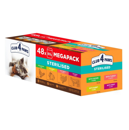 Hrana umeda - Club 4 Paws, Set Hrana umeda pisici sterilizate - Pui, curcan, iepure si vitel, 48x80g