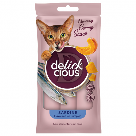 Recompense - DELICKCIOUS, Recompense cremoase cu sardine si dovleac pentru pisici, 60g