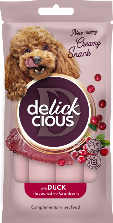 Recompense - DELICKCIOUS, Recompense cremoase pisici - Rata si merisoare, 60g