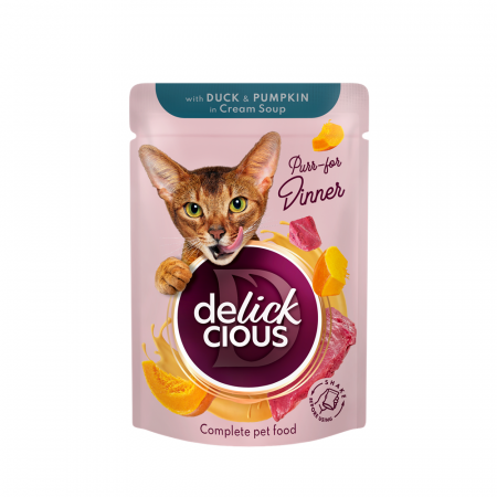 Hrana umeda - DELICKCIOUS, Stripsuri cu rata si dovleac in supa crema, pentru pisici, 85g