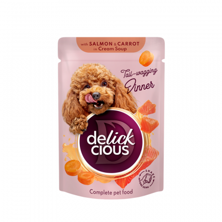 Hrana umeda - DELICKCIOUS, Stripsuri cu somon si morcov in supa crema, pentru caini, 85g