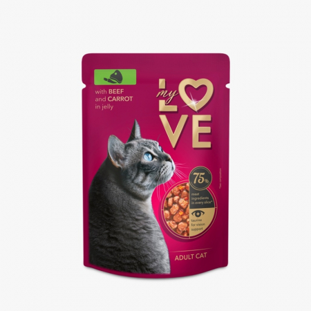 Produse pentru pisici - My Love, Hrana umeda pentru pisici, Vita si morcov in jeleu, 24x85g